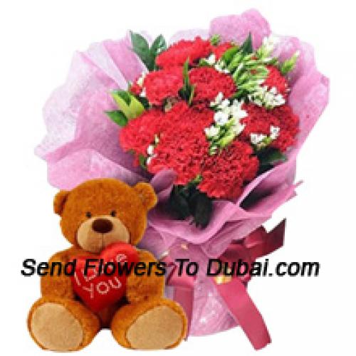 12 Carnations with Cute 12 Inch Teddy