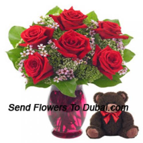 6 Red Roses with Cute 14 Inch Teddy