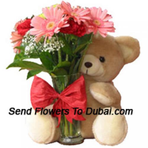 12 Red Carnations and Pink Gerberas with Teddy