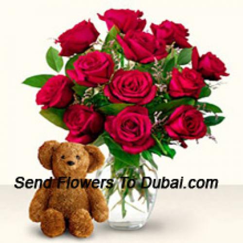 12 Red Roses with Cute 12 Inch Teddy