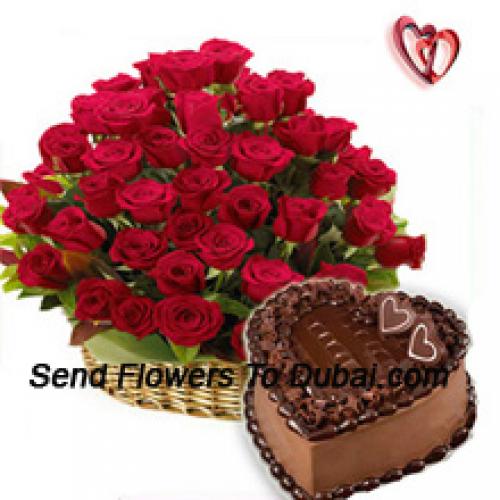 50 Red Roses Basket with 1 Kg Chocolate Cake