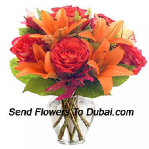 Orange Lilies and Orange Roses in Vase