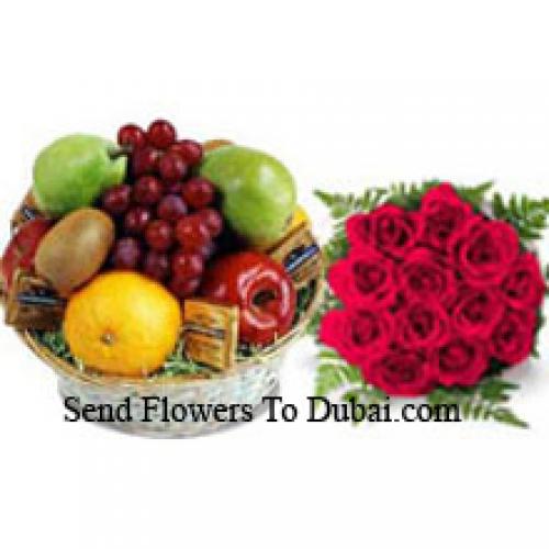 12 Red Roses with 5 Kg Fresh Fruits