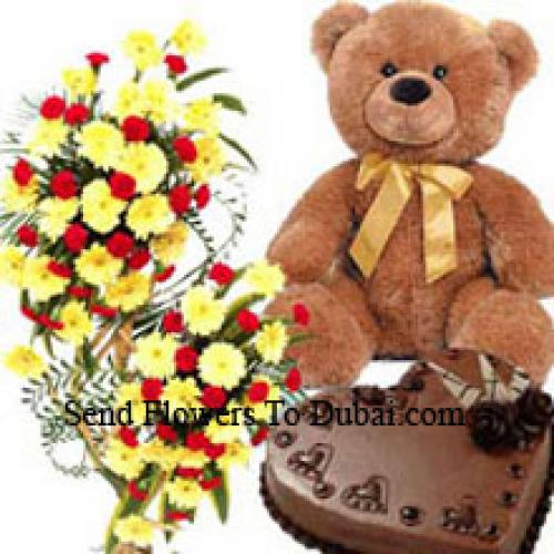 Tall 3 Feet Assorted Flowers with Cake and Teddy