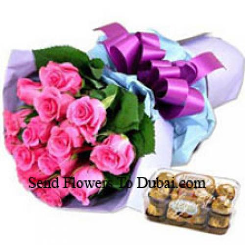 12 Pink Roses with Yummy 16 Pcs Ferrero Rochers