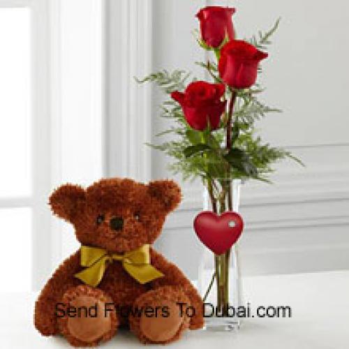 10 Inches Bear with 3 Red Roses